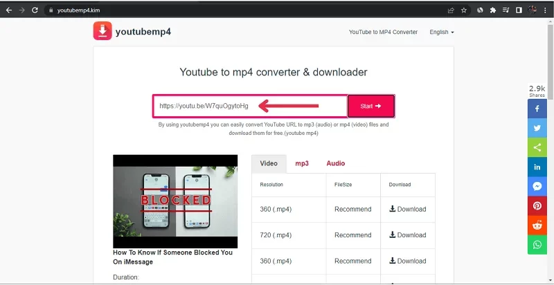 وارد کردن لینک ویدیو برای دانلود از یوتیوب با سایت Youtubemp4.kim
